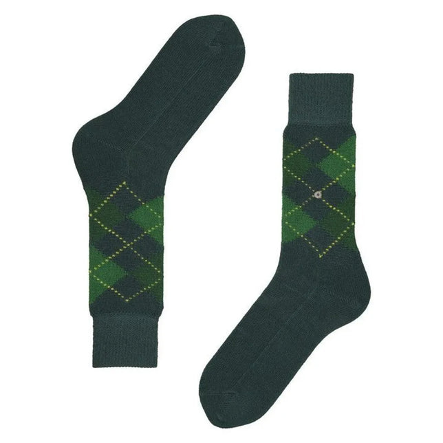 Burlington Preston SO 24284 herensokken in donkergroen met groen argyle-ruitpatroon en klein metalen logo. - Jambelles