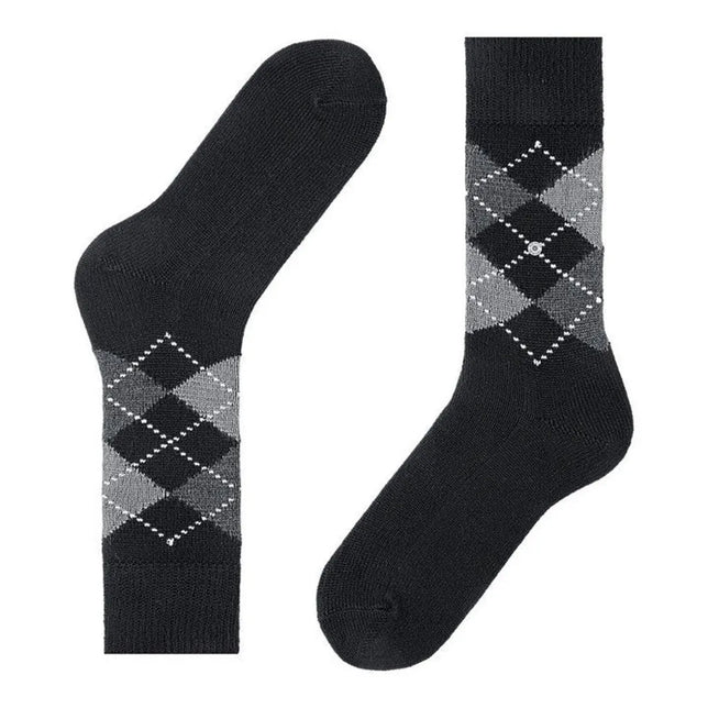 Twee zwarte Burlington herensokken Preston SO 24284 met grijs argyle-ruitpatroon en witte stippellijnen. - Jambelles