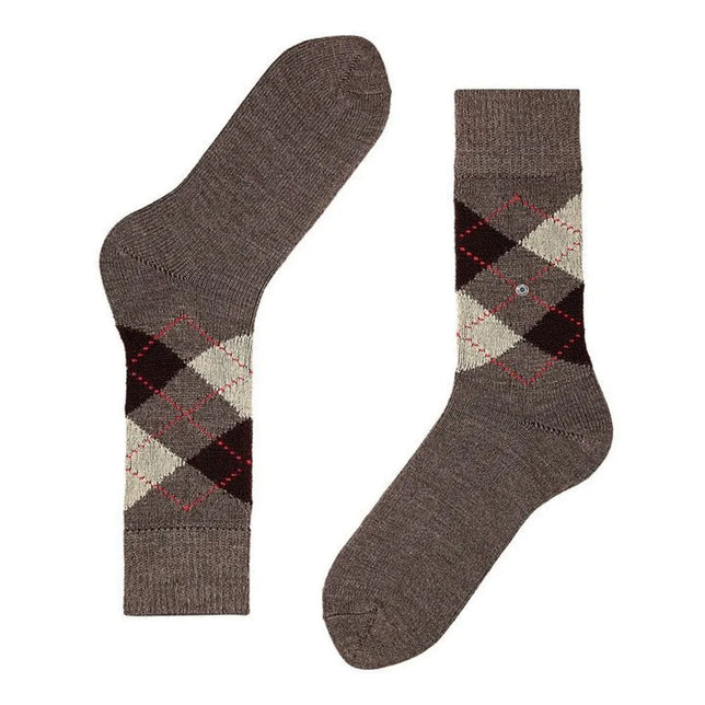 Burlington Preston SO 24284 herensokken in bruin met beige, donkerbruine en grijze ruiten en rode stiksels. - Jambelles