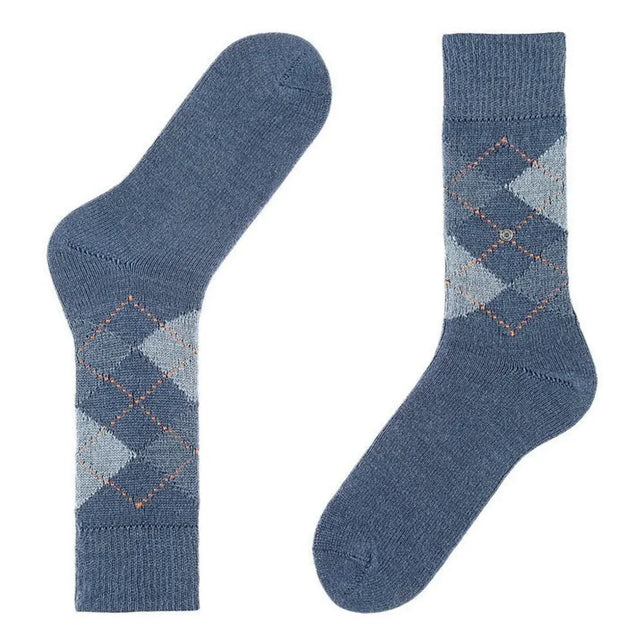 Blauwe Burlington heren sokken Preston SO 24284 met lichtblauw ruitpatroon en oranje stippellijnen. - Jambelles