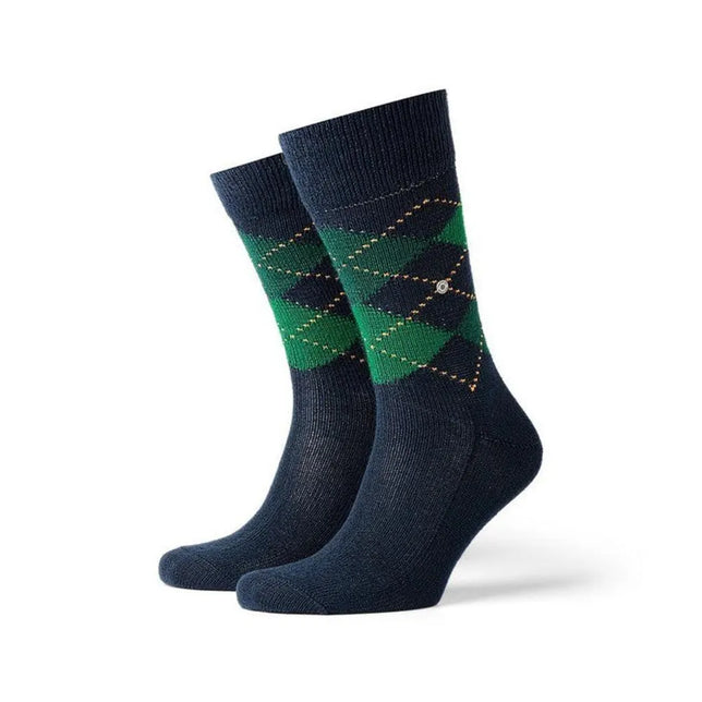 Burlington Preston SO 24284 herensokken in donkerblauw met groen ruitpatroon, gele stippellijnen en logo. - Jambelles