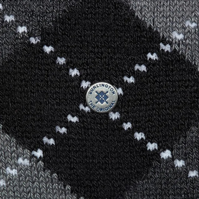 Burlington heren sok Preston SO 24284 in zwart en grijs met ruitpatroon, stipdetails en metalen logoknoop - Jambelles