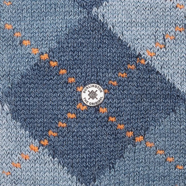Burlington Preston SO 24284 herensokken in blauw gemêleerd breisel met lichtblauwe ruiten, oranje details en logobadge - Jambelles