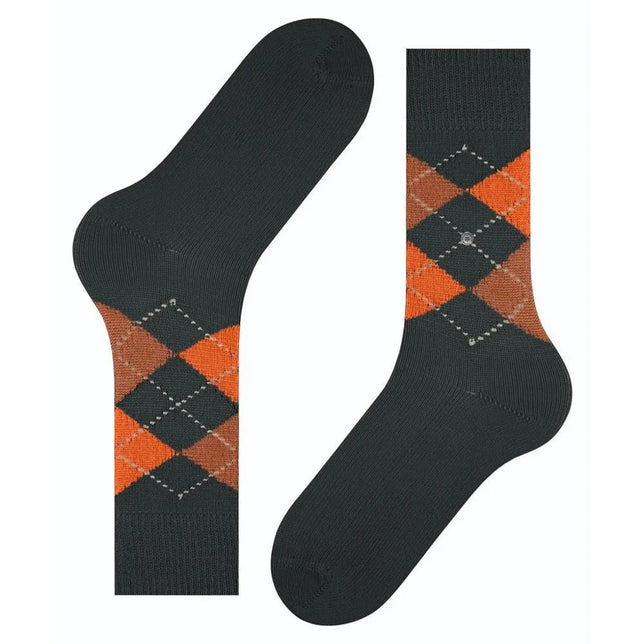 Burlington herensokken Preston SO 24284 in donkergroen met oranje-bruine argyle-ruiten en grijze stippellijnen. - Jambelles