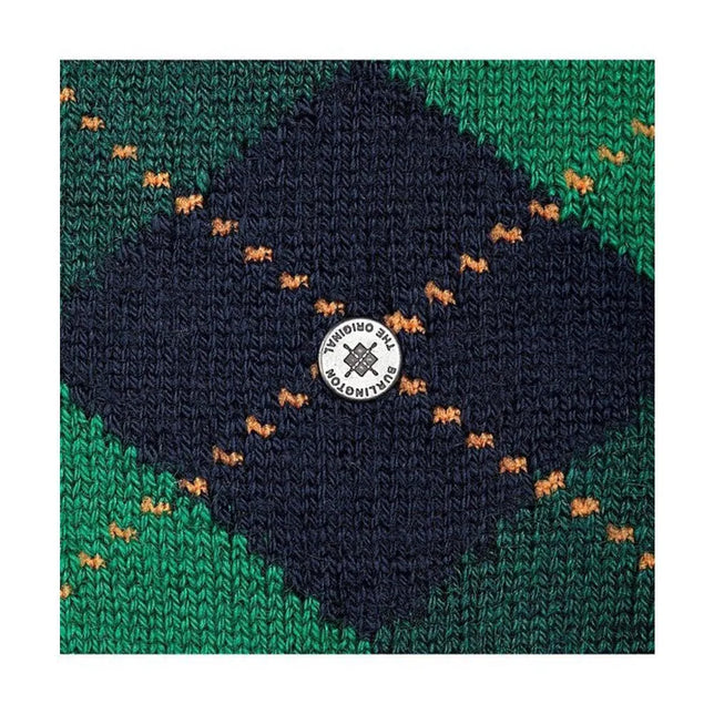 Burlington herensok Preston SO 24284 in groen en donkerblauw met argylepatroon, oranje details en logoknoop. - Jambelles