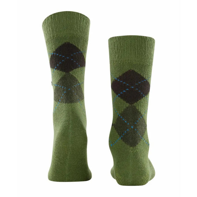 Burlington heren sokken Preston SO 24284 in groen, met donker ruitpatroon en blauwe stiksels. - Jambelles