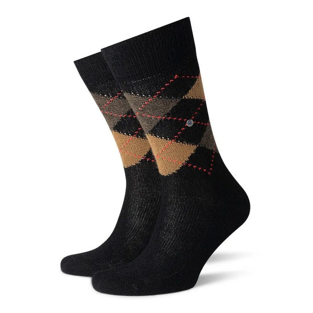 Paar zwarte Burlington herensokken Preston SO 24284 met bruin-grijs argylepatroon en rode stippellijnen. - Jambelles