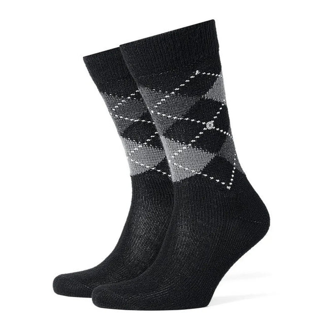 Zwarte Burlington herensokken Preston SO 24284 met grijs-wit argylepatroon en klein logo. - Jambelles
