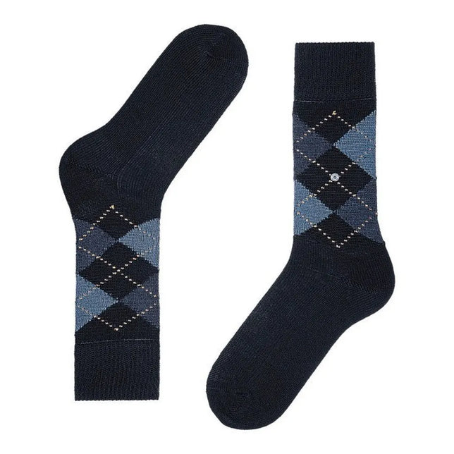 Burlington Preston SO 24284 herensokken in donkerblauw met blauw-grijs ruitpatroon en kleine logoknoop - Jambelles