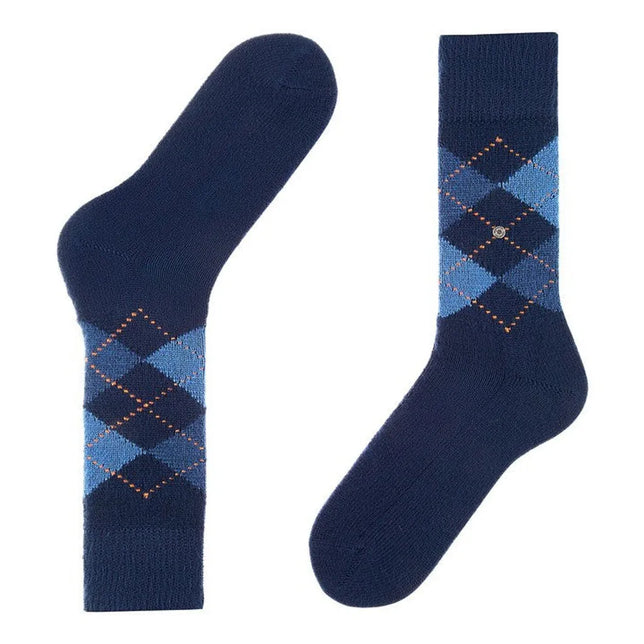 Paar Burlington Preston SO 24284 herensokken in donkerblauw met blauw ruitpatroon en oranje stippellijnen. - Jambelles