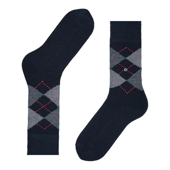 Paar Burlington Preston SO 24284 herensokken in donkerblauw met grijs-rood ruitpatroon en klein rond logo. - Jambelles
