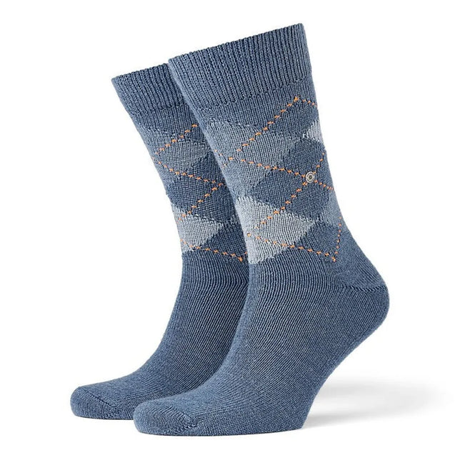 Burlington Preston SO 24284 herensokken in blauw met licht- en donkerblauw ruitpatroon en oranje stikdetails. - Jambelles