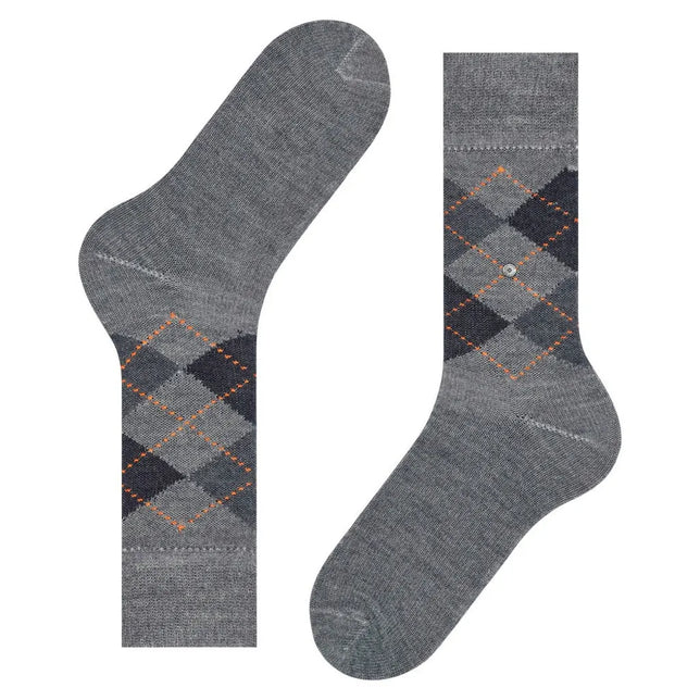 Burlington heren sokken Preston SO 24284 in grijs met donker ruitpatroon, oranje stiksels en logoknoop. - Jambelles