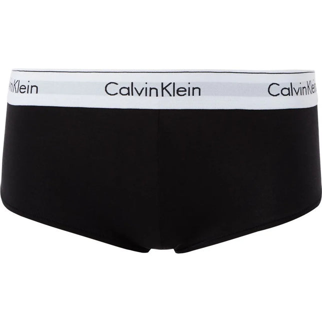 Zwarte Calvin Klein dames boxer boy short met witte elastische tailleband en zwart logo. - Jambelles