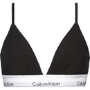 Zwarte Calvin Klein damesbralette Triangle Unlined 000QF1061E met dunne bandjes en witte elastische logoband. - Jambelles