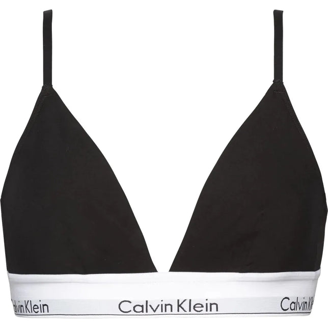 Zwarte Calvin Klein damesbralette Triangle Unlined 000QF1061E met dunne bandjes en witte elastische logoband. - Jambelles