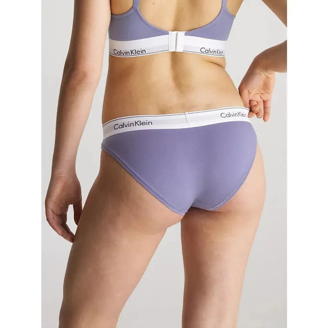 Calvin Klein dames bikinislip 0000F3787E in lavendelpaars, achteraanzicht met witte elastische logoband. - Jambelles