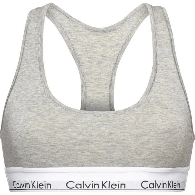 Grijze Calvin Klein damesbralette Icon Cotton Modal met racerback en witte elastische logoband. - Jambelles