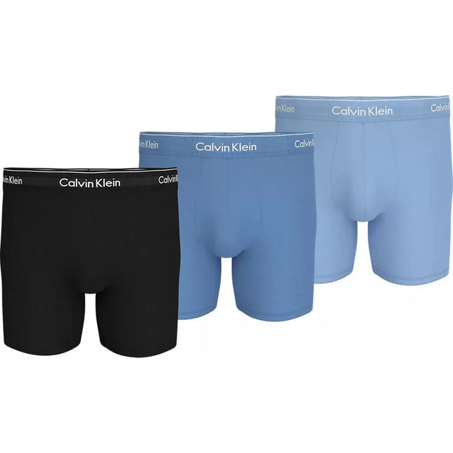 Calvin Klein Heren Boxer Brief Icon 3-pack met één zwarte en twee blauwe boxers met logoband. - Jambelles