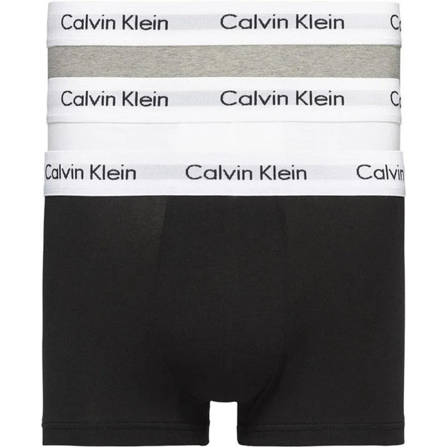 Calvin Klein heren Low Rise Trunk 3-pack in zwart, wit en grijs met witte logotailleband. - Jambelles