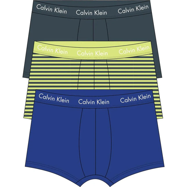 Calvin Klein heren Low Rise Trunk 3-pack in blauw, donkergrijs en lime gestreept, met logobanden. - Jambelles
