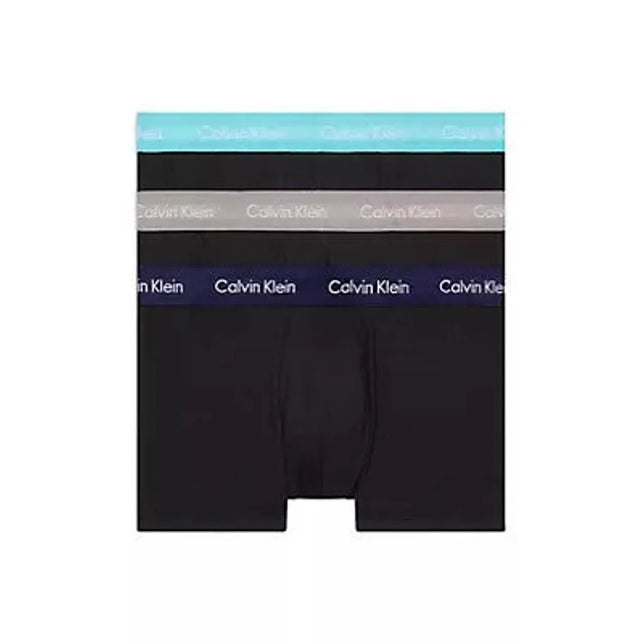 Calvin Klein herenboxers Low Rise Trunk 3-pack in zwart met turquoise, grijze en donkerblauwe logotaillebanden - Jambelles