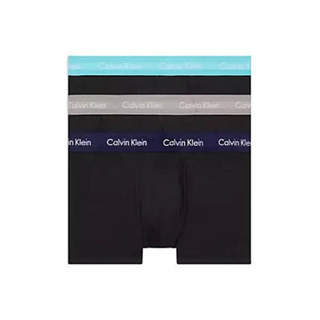 Calvin Klein heren Low Rise Trunk 3-pack in zwart met turquoise, grijze en donkerblauwe logobanden. - Jambelles