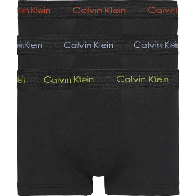 Calvin Klein heren Low Rise Trunk 3-pack in zwart met logobanden in rood, grijsblauw en limegroen. - Jambelles