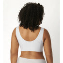 Damesmodel van achteren in zwarte sloggi BODY ADAPT bralette met brede bandjes, gladde stof en diepe ronde rug. - Jambelles