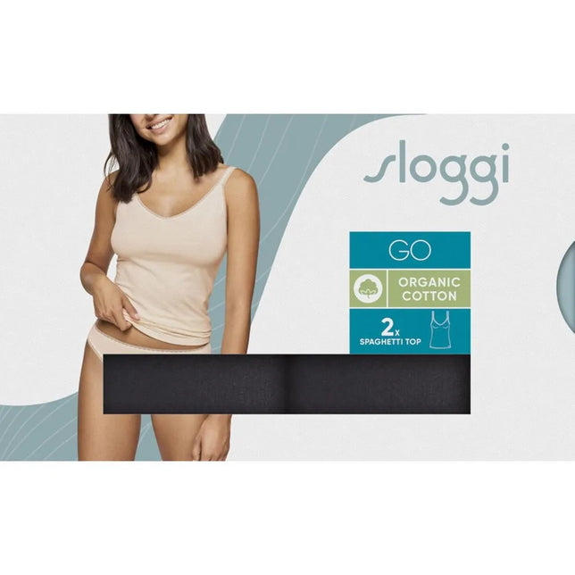 Beige dameshemd sloggi GO Shirt 01 C2P, een aansluitende spaghettitop met dunne bandjes, gedragen door een model. - Jambelles