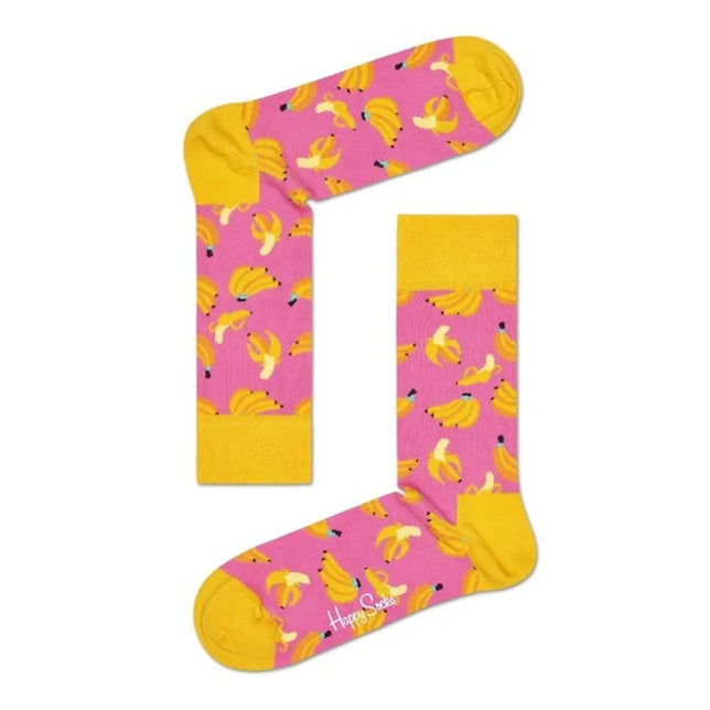 Happy Socks Banana BAN01 fantasiesokken voor dames en heren, roze met gele bananen, boorden, hielen en tenen. - Jambelles