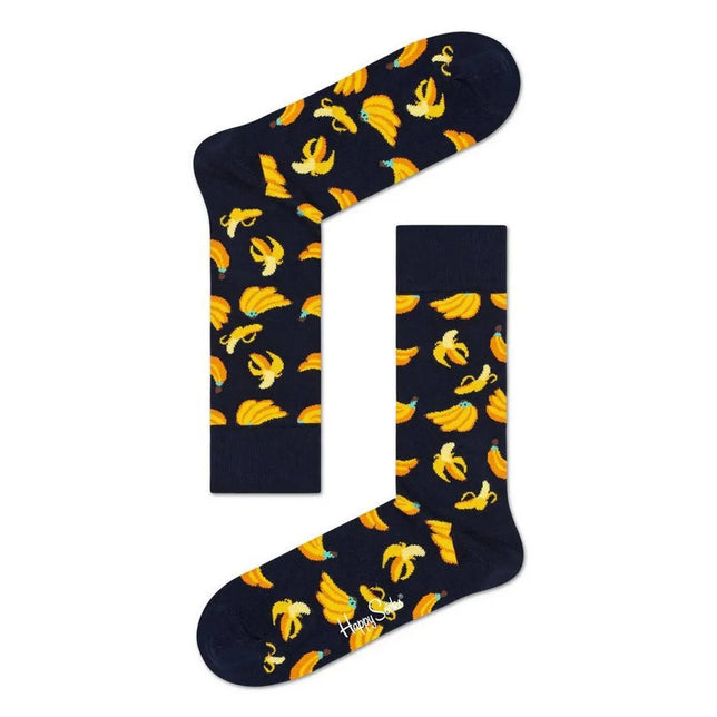 Donkerblauwe Happy Socks Banana BAN01 fantasiesokken voor dames en heren met gele en oranje bananenprint. - Jambelles