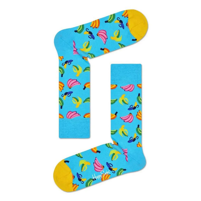 Happy Socks Banana BAN01 fantasiesokken voor dames en heren, blauw met kleurrijke bananenprint en gele tenen. - Jambelles