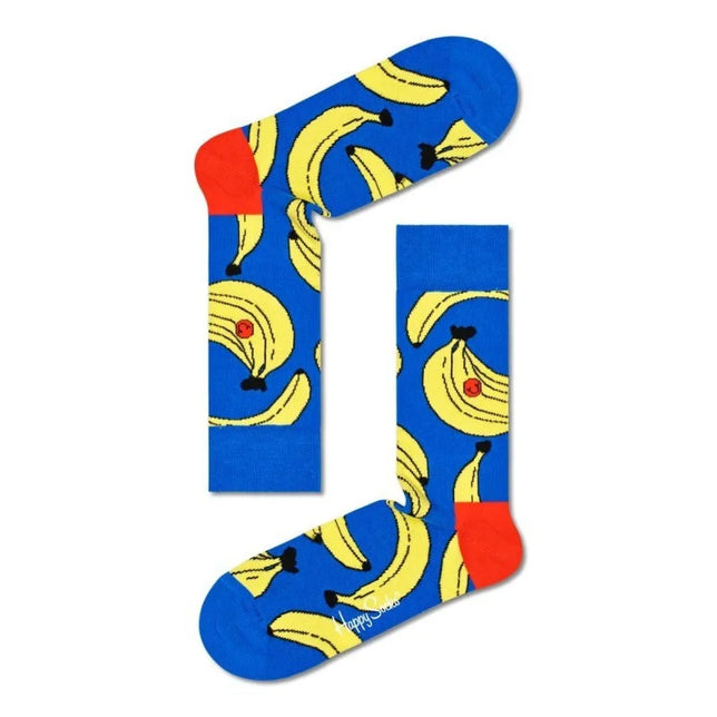 Blauwe Happy Socks Banana BAN01 fantasiesokken voor dames en heren met gele bananen en rode hielen - Jambelles