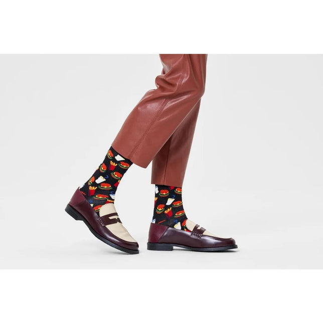 Happy Socks fantasiesokken voor dames en heren in zwart, met kleurrijke hamburgers, friet en drinkbekers. - Jambelles