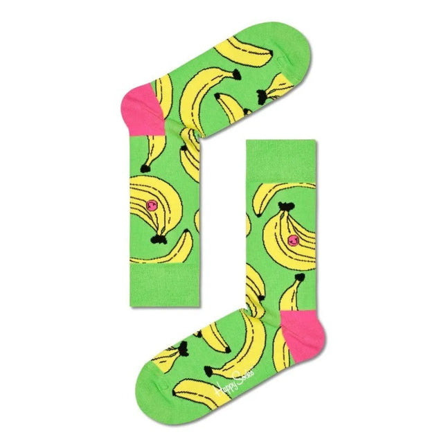 Groene Happy Socks Banana BAN01 fantasiesokken voor dames en heren met gele bananenprint en roze hielen. - Jambelles