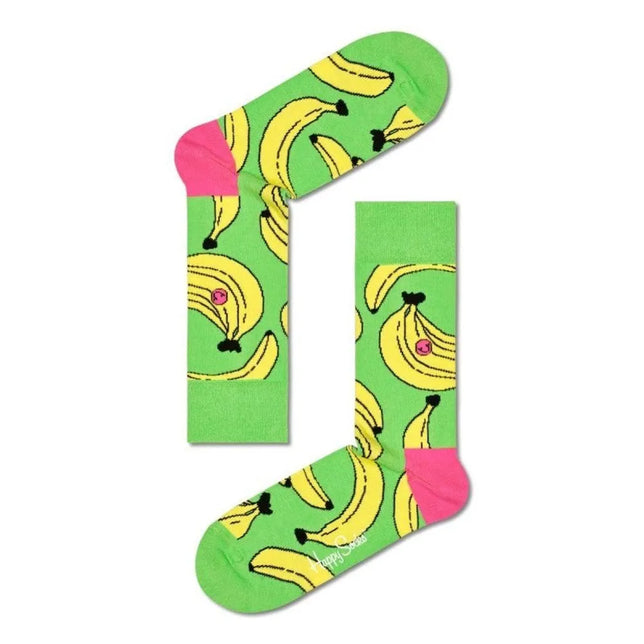 Happy Socks Banana BAN01 fantasiesokken voor dames en heren, groen met gele bananen, roze hielen en groene tenen. - Jambelles