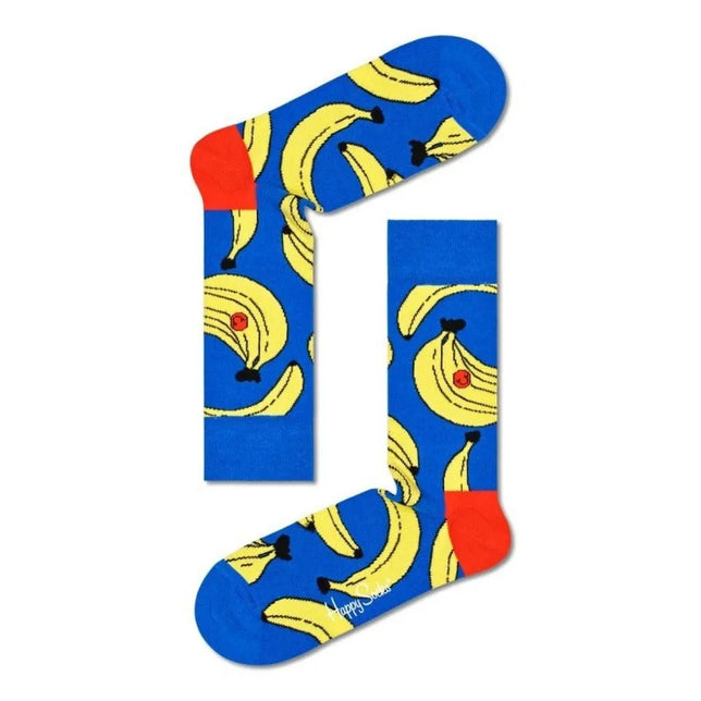 Happy Socks Banana BAN01 fantasie sokken voor dames en heren, blauw met gele bananen en rode hielen. - Jambelles