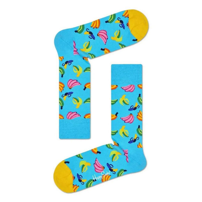 Happy Socks Banana BAN01 fantasiesokken voor dames en heren, turquoise met kleurrijke bananen en gele tenen. - Jambelles