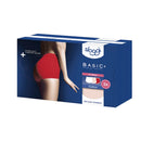 Blauwe verpakking van sloggi Basic+ Maxi C3P damesslips, 3-pack in wit, beige en rood, met model in rode slip. - Jambelles