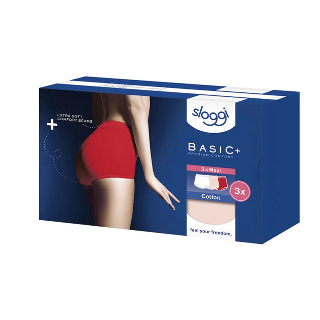 Blauwe verpakking van sloggi Basic+ Maxi C3P damesslips, 3-pack in wit, beige en rood, met model in rode slip. - Jambelles