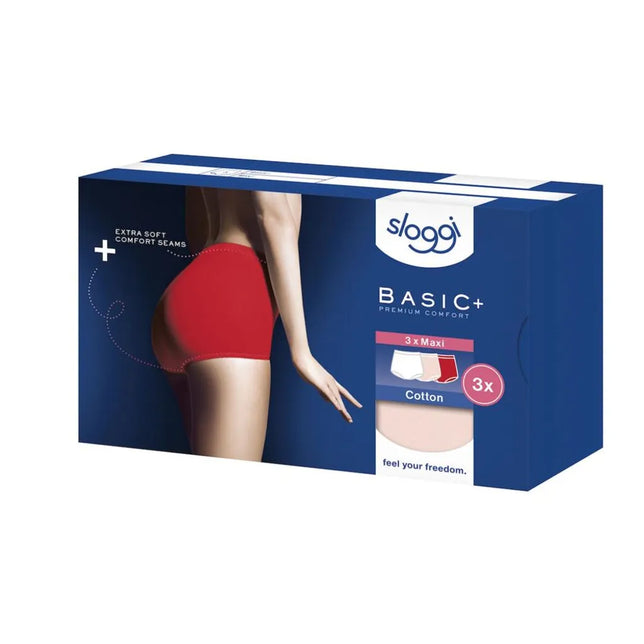 Blauwe verpakking van sloggi Basic+ Maxi C3P damesslips, met model in rode hoge slip en afbeelding van drie kleuren. - Jambelles