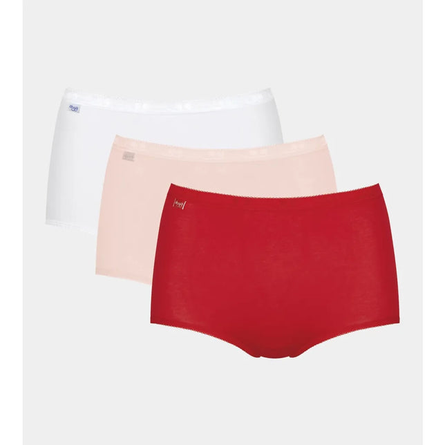 Dames slips sloggi Basic+ Maxi C3P, 3-pack in wit, lichtroze en rood met hoge taille en subtiele picotrand. - Jambelles