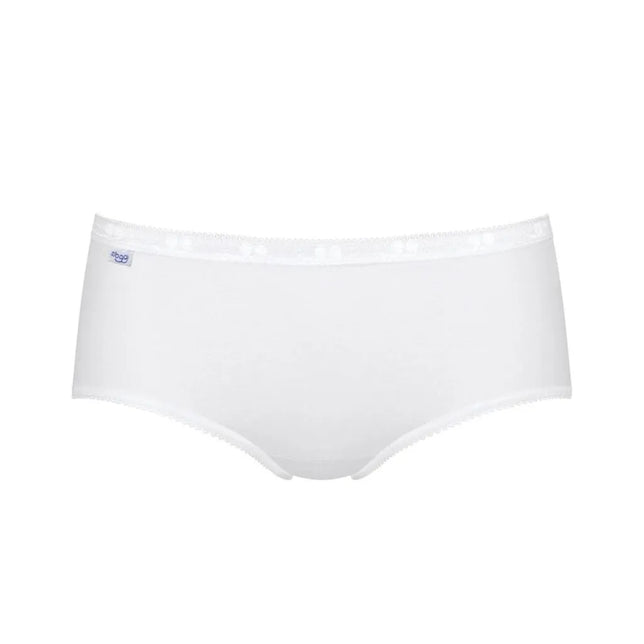 Witte dames midi-slip sloggi Basic+ 10107163 met subtiel gedessineerde tailleband en klein sloggi-label. - Jambelles