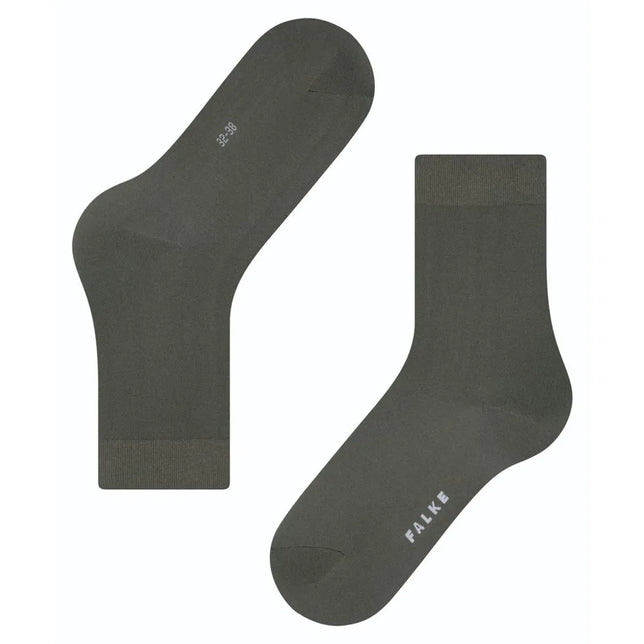 FALKE Cotton Touch SO 47673 damessokken in donkergroen, effen met geribde boord en wit logo op de voet. - Jambelles