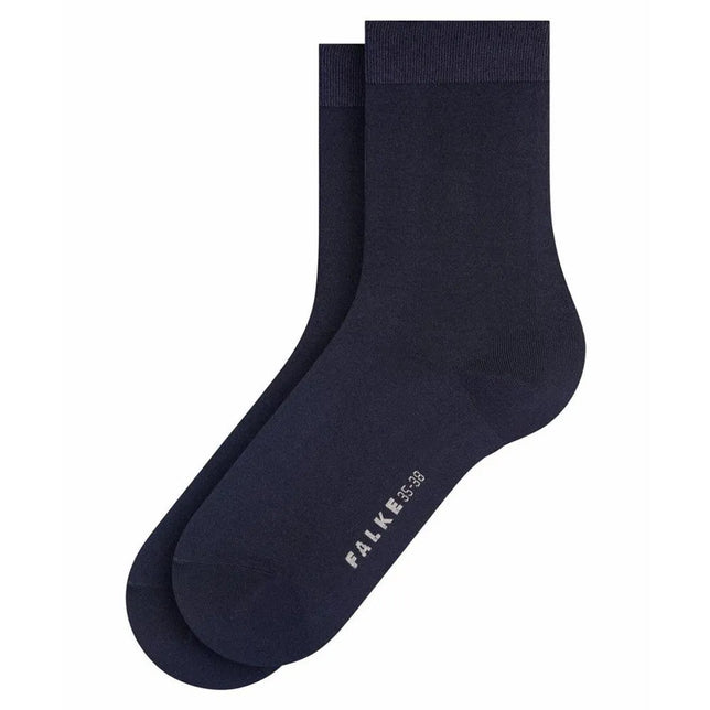 Paar donkerblauwe FALKE Cotton Touch SO 47673 damessokken met effen design, geribde boord en logo op de zool - Jambelles