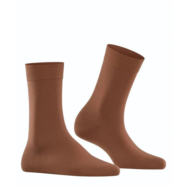 Bruine FALKE Cotton Touch SO 47673 damessokken met effen ontwerp en geribde boorden, als paar afgebeeld. - Jambelles