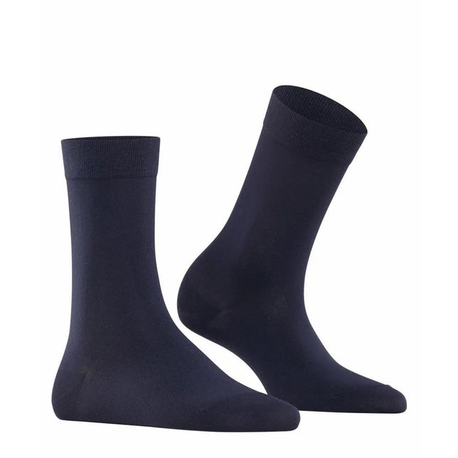 Paar donkerblauwe FALKE Cotton Touch SO 47673 damessokken met effen ontwerp en fijn geribde boorden. - Jambelles