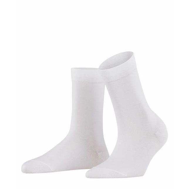 Witte FALKE Cotton Touch SO 47673 damessokken met effen, glad ontwerp en brede boord, als paar afgebeeld. - Jambelles