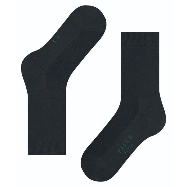 Zwarte dames sokken FALKE Family SO 46490, effen gebreid met geribde boord en FALKE-logo op de zool. - Jambelles